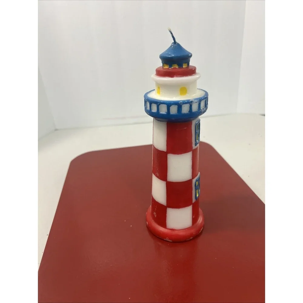 Vtg Lighthouse‎ Wax Candle Figurine Red/Blue/White 9